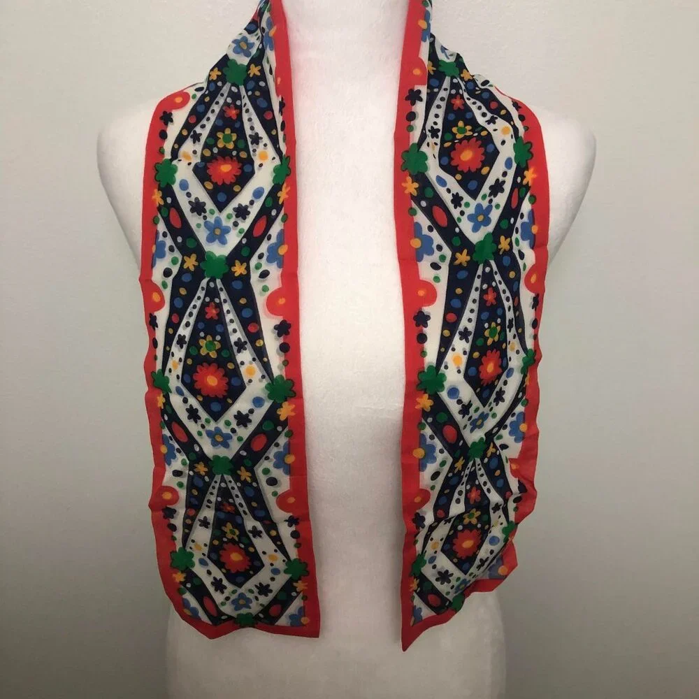 Vintage 1960s 1970s Cottagecore Folk Art Scarf